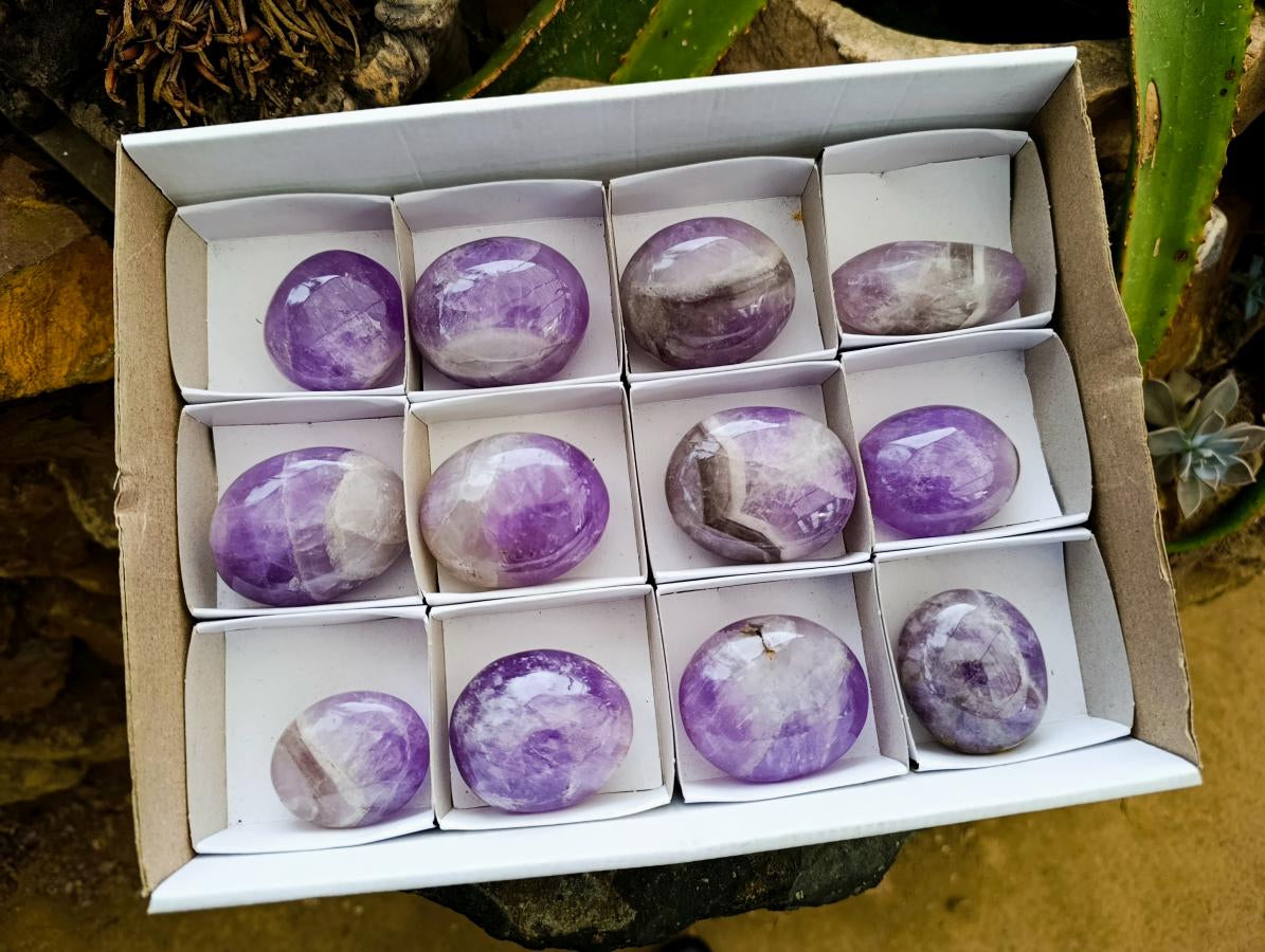 Polished Chevron Amethyst Palm Stones x 12 From Madagascar
