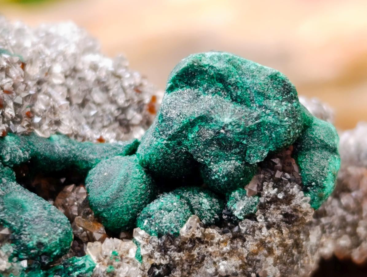 Natural Crystalline Ball Malachite and Quartz on Dolomite Specimens x 2 From Mindingi Mine, Kambove, Congo