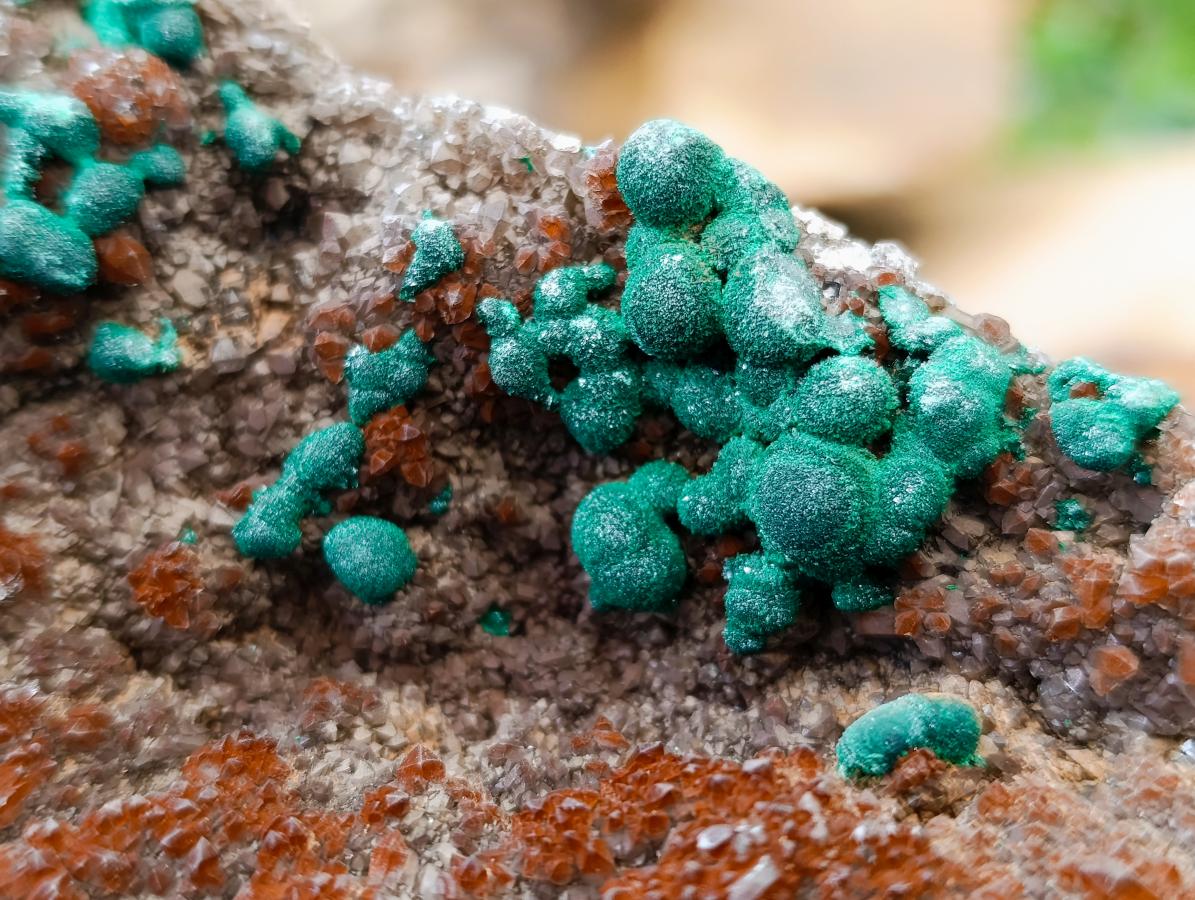 Natural Crystalline Ball Malachite and Quartz on Dolomite Specimens x 2 From Mindingi Mine, Kambove, Congo