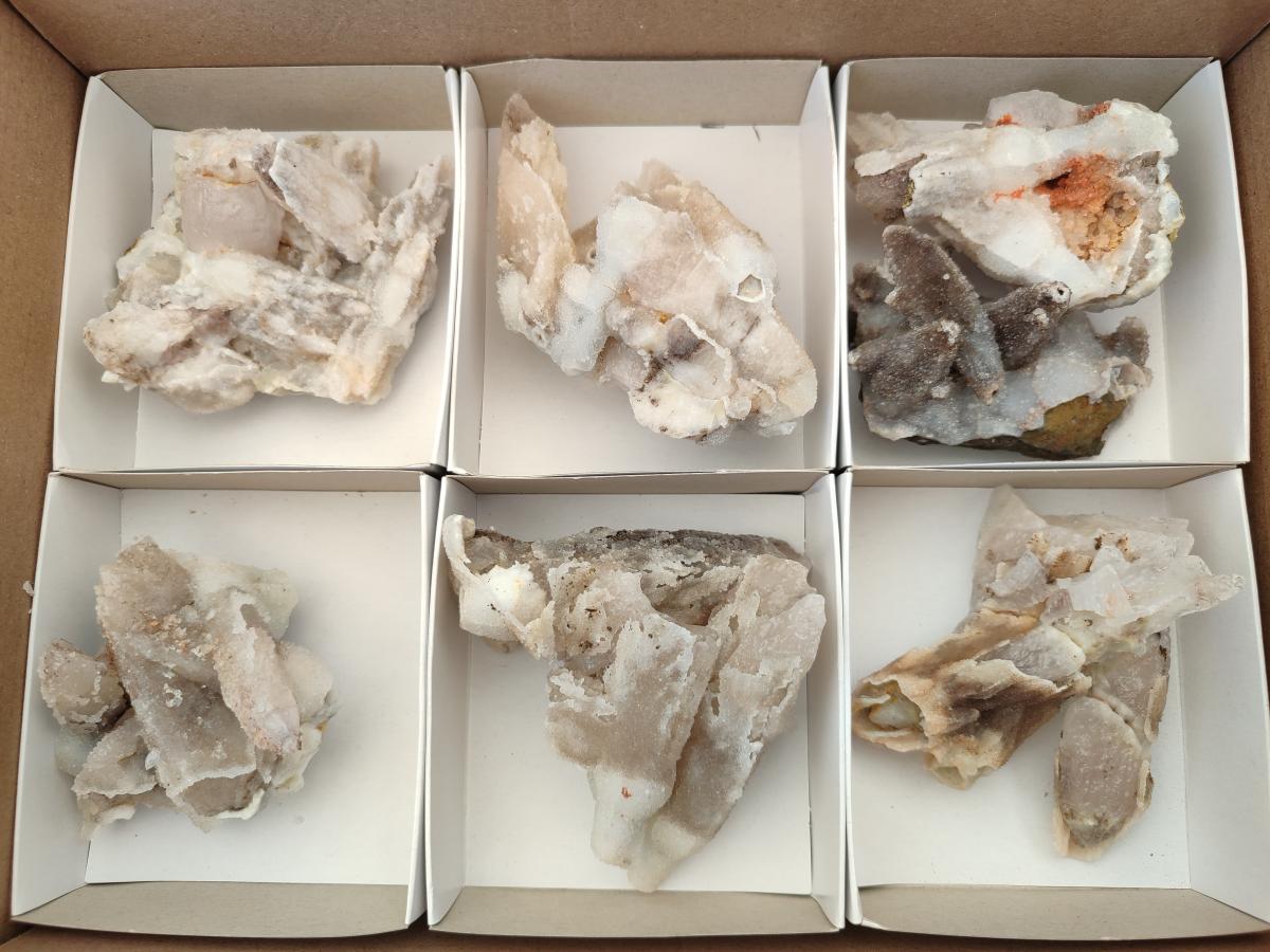 Natural Drusy Quartz Coated Spearhead Calcite Specimens x 7 From Albert's Mountain, Lesotho