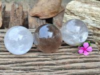 Polished Clear and Smoky Quartz Crystal Balls x 3 From Madagascar