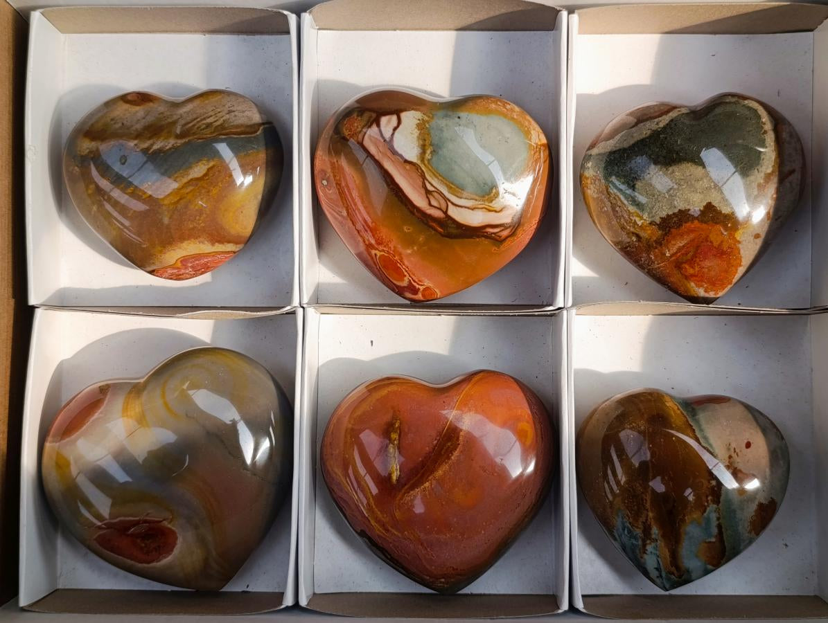 Polished Polychrome Jasper Hearts x 6 From NW Coast, Madagascar