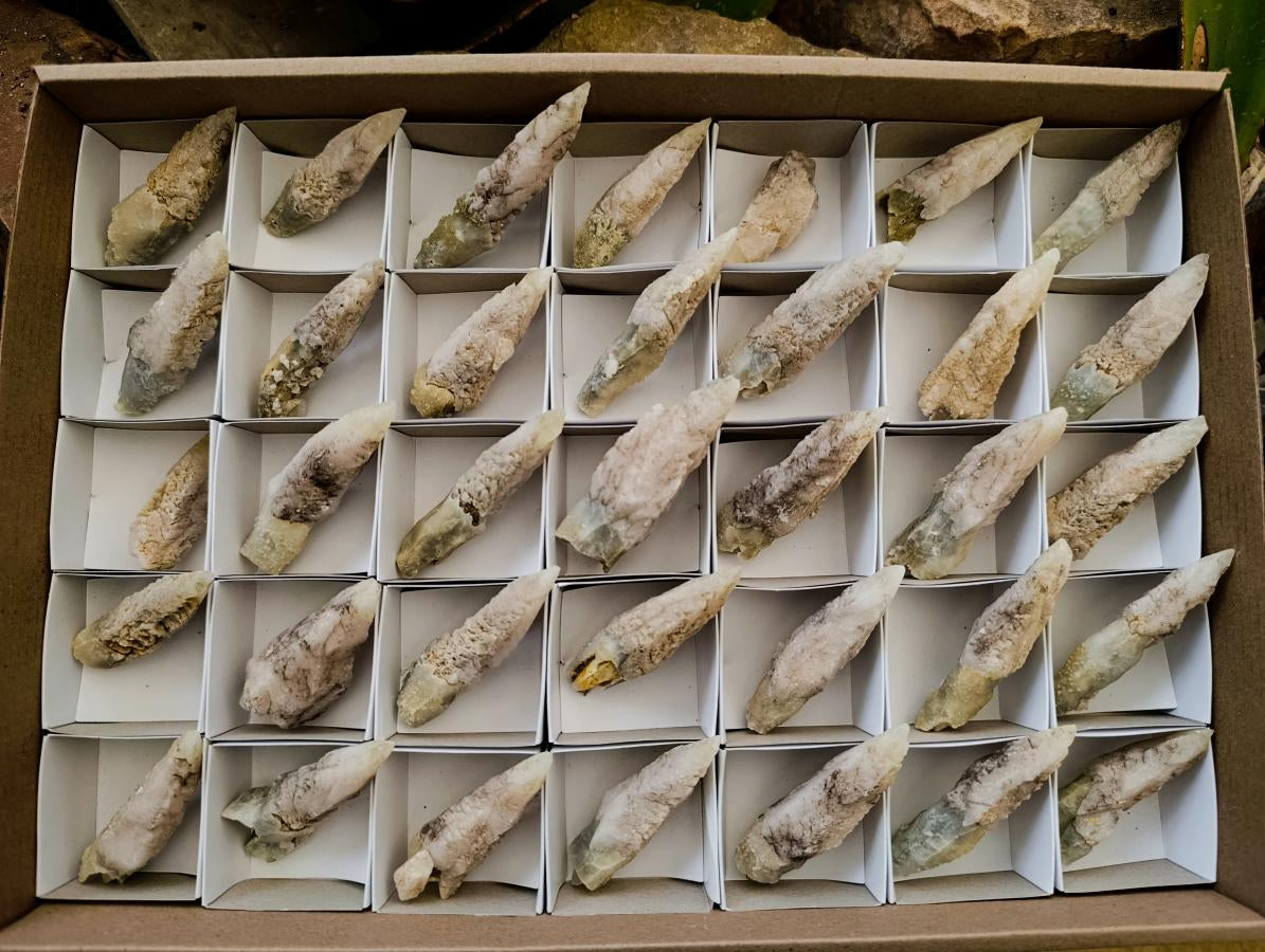 Natural Drusy Quartz Coated Spearhead Calcite Specimens x 35 From Albert's Mountain, Lesotho