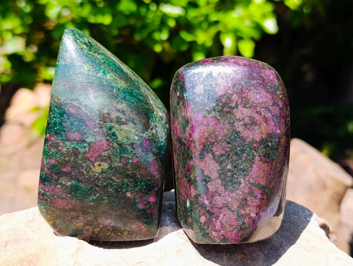 Polished Ruby Corundum In Chrome Verdite Standing Free Forms x 4 From Mutoko, Zimbabwe