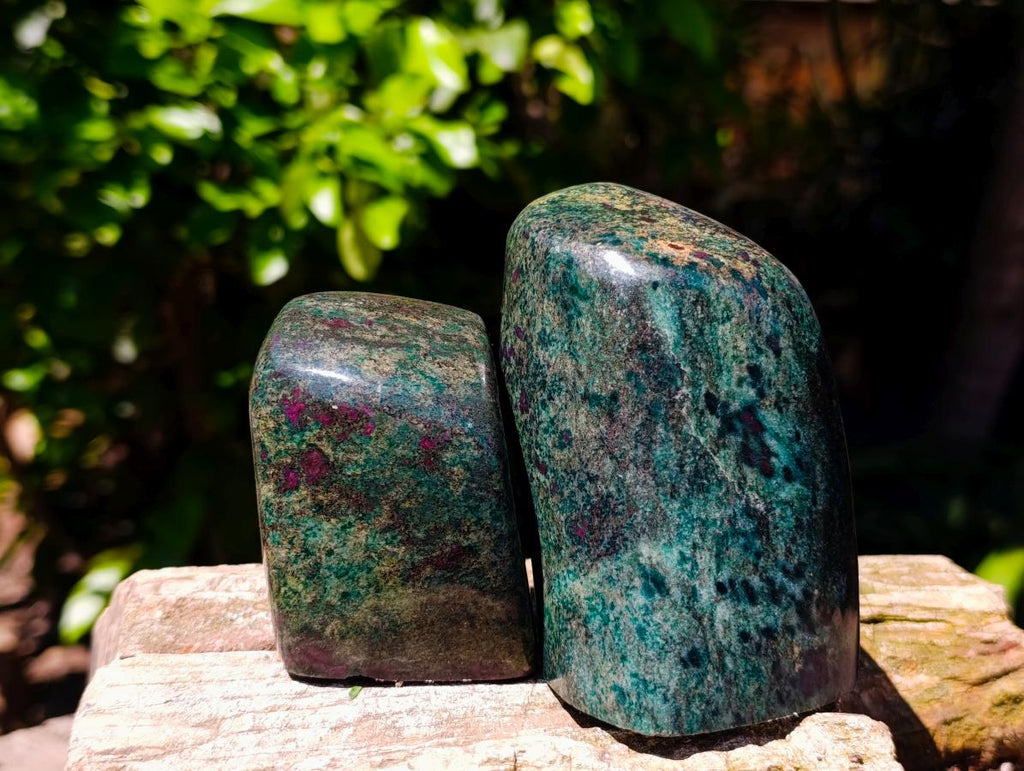 Polished Ruby Corundum In Chrome Verdite Standing Free Forms x 4 From Mutoko, Zimbabwe