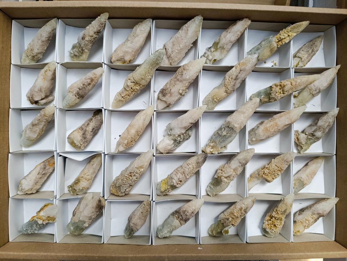 Natural Drusy Quartz Coated Spearhead Calcite Specimens x 35 From Albert's Mountain, Lesotho