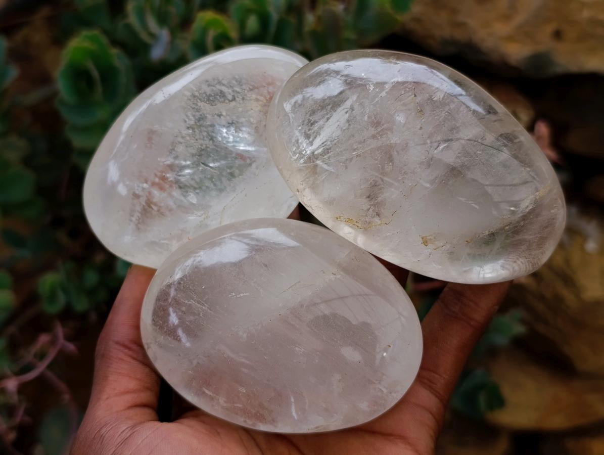 Polished Rock Crystal Palm Stones x 12 From Amoron’i Mania Madagascar