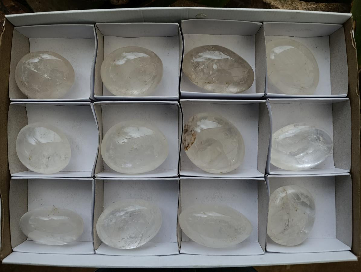 Polished Rock Crystal Palm Stones x 12 From Amoron’i Mania Madagascar