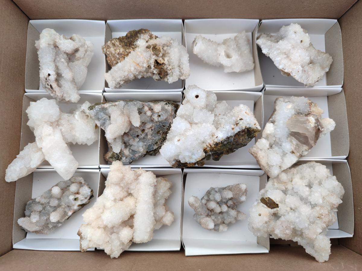 Natural Drusy Quartz Coated Calcite Pseudomorph Snow Finger Crystals x 12 From Albert's Mountain, Lesotho