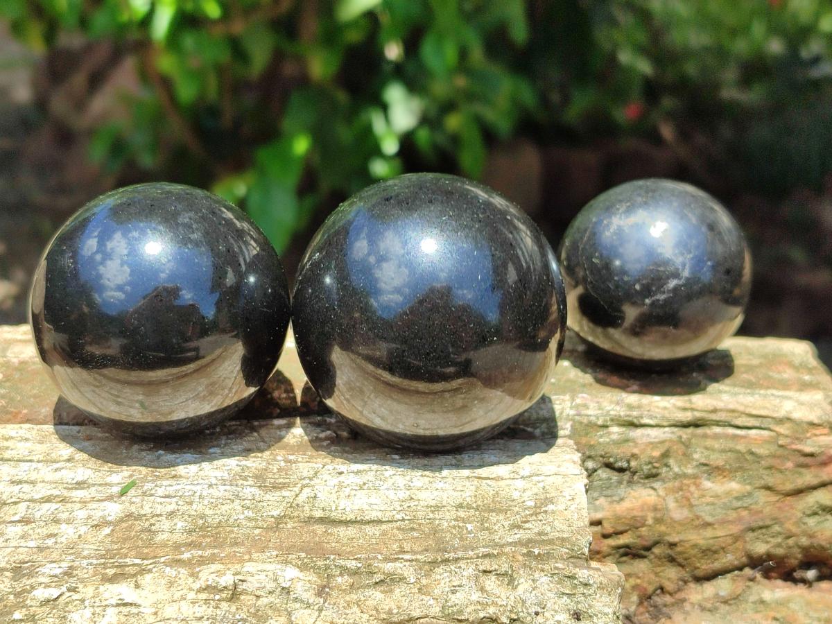 Polished Black Basalt Spheres x 12 From Madagascar