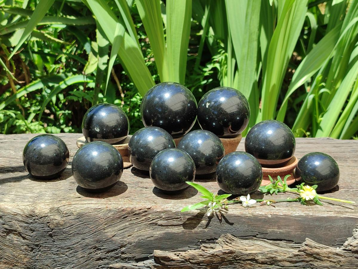 Polished Black Basalt Spheres x 12 From Madagascar