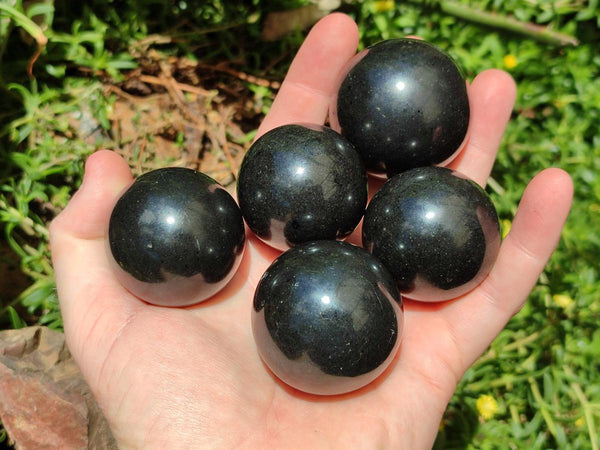 Polished Black Basalt Spheres x 12 From Madagascar
