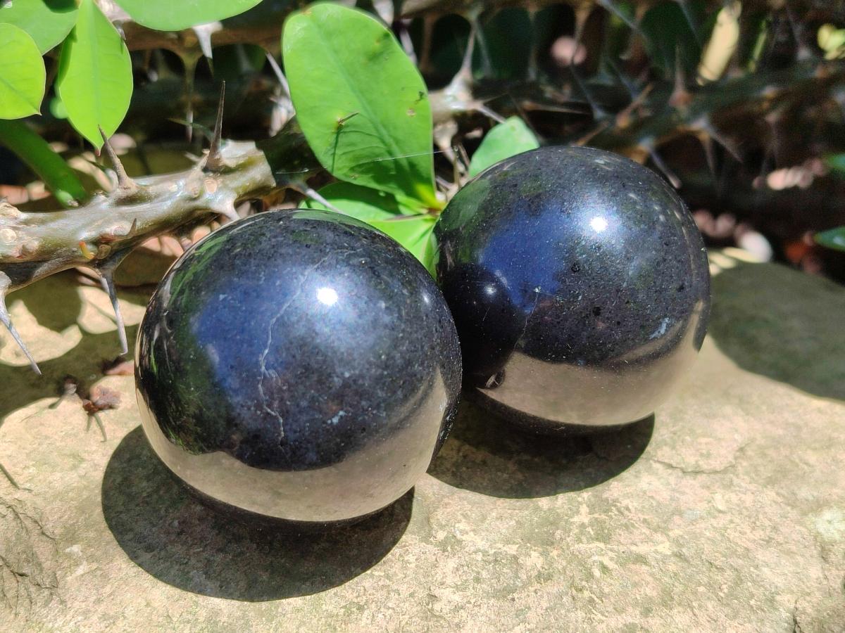 Polished Black Basalt Spheres x 12 From Madagascar