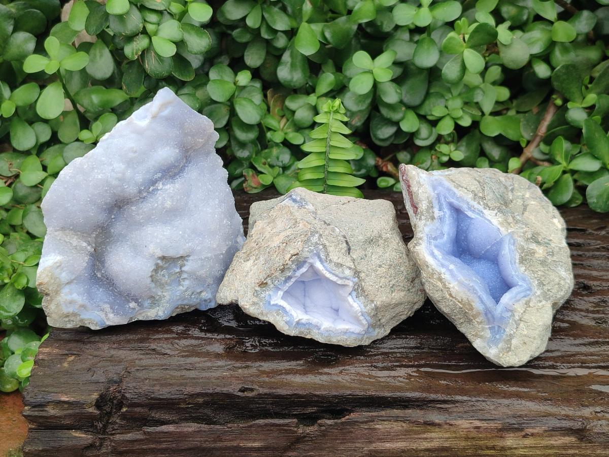 Natural Blue Lace Agate Geode Specimens x 3 From Nsanje, Malawi - Toprock Gemstones and Minerals 