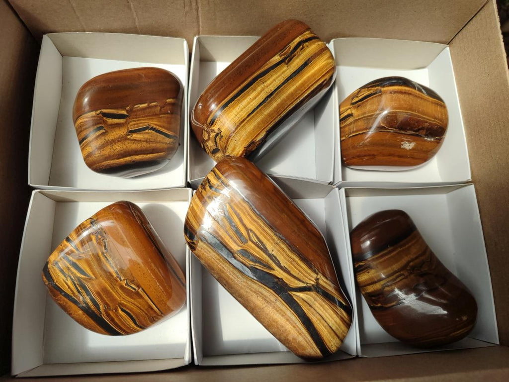 Polished Jumbo Golden Tigers Eye With Banded Iron Stone Free Forms x 6 From Prieska, South Africa