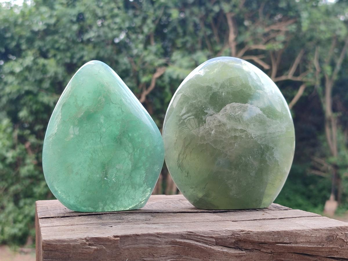 Polished Green Fluorite Standing Free Form x 2 From Madagascar
