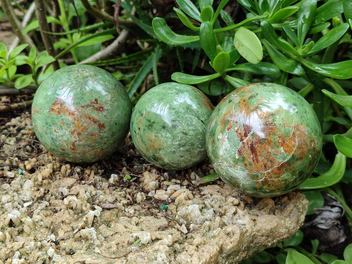 Polished Green Chrysoprase Spheres x 6 From Ambatondrazaka, Madagascar
