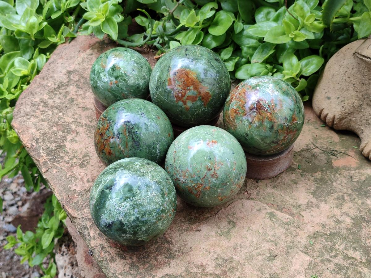 Polished Green Chrysoprase Spheres x 6 From Ambatondrazaka, Madagascar