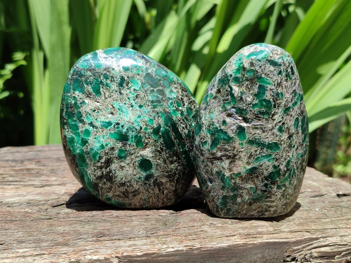 Polished Emerald Mica 'Mutokolite' Standing Free Forms x 3 From Mutoko, Zimbabwe