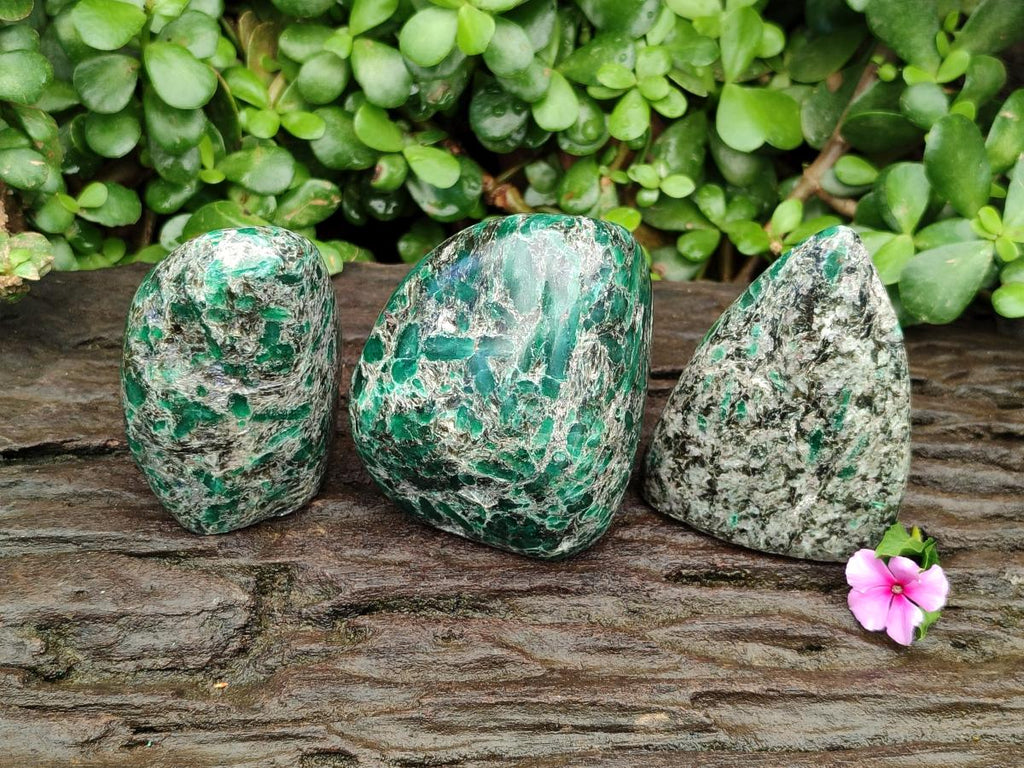 Polished Emerald Mica 'Mutokolite' Standing Free Forms x 3 From Mutoko, Zimbabwe