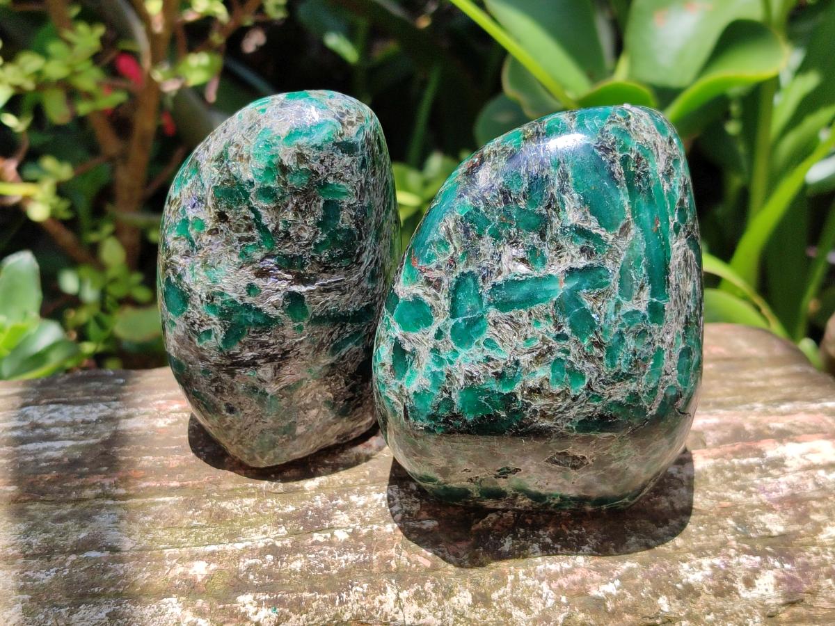 Polished Emerald Mica 'Mutokolite' Standing Free Forms x 3 From Mutoko, Zimbabwe