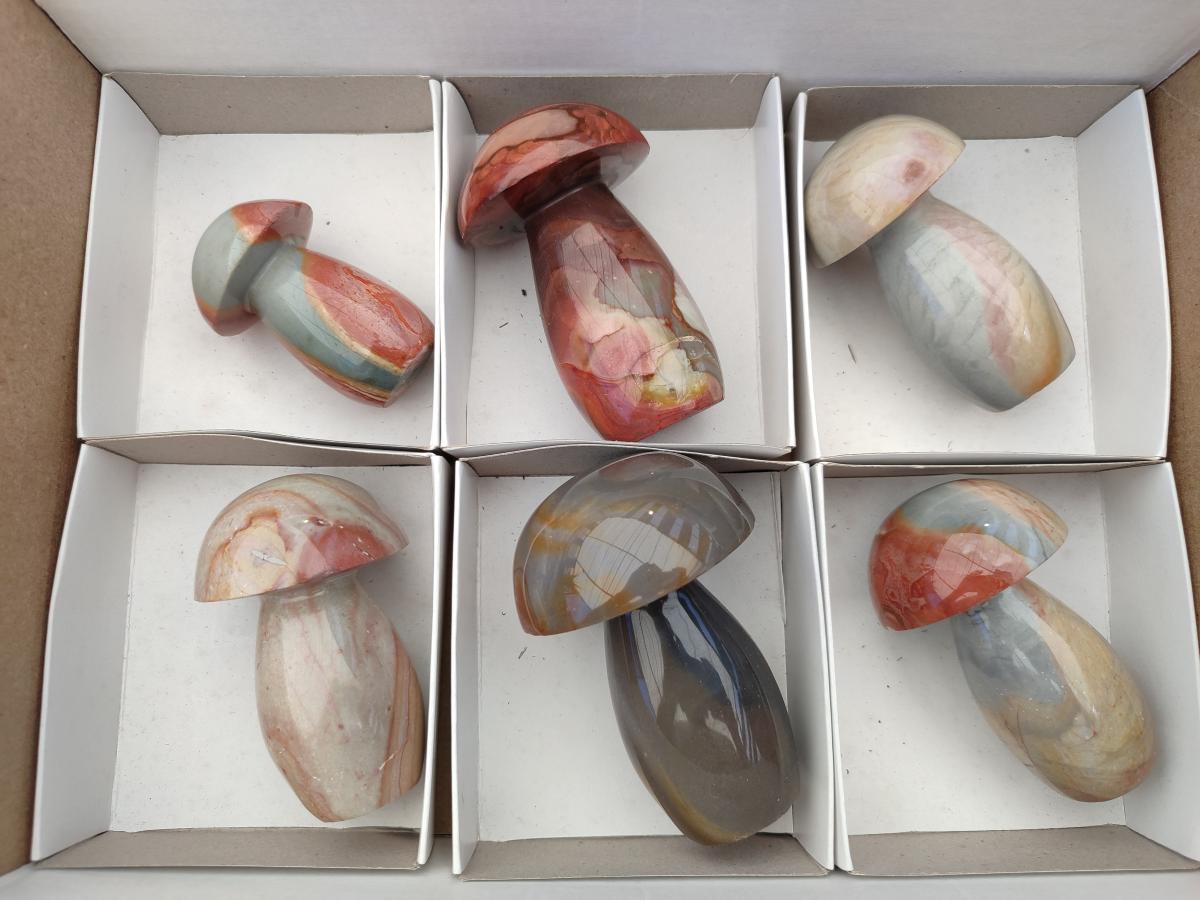 Polished Polychrome Jasper Mushrooms x 6 From NW Coast, Madagascar