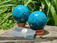 Hand Made Conglomerate Chrysocolla Spheres With Azurite And Malachite x 2 From Congo