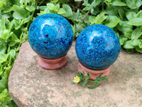 Hand Made Conglomerate Chrysocolla Spheres With Azurite And Malachite x 2 From Congo