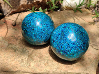 Hand Made Conglomerate Chrysocolla Spheres With Azurite And Malachite x 2 From Congo