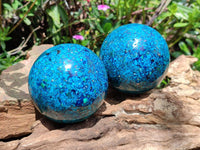 Hand Made Conglomerate Chrysocolla Spheres With Azurite And Malachite x 2 From Congo