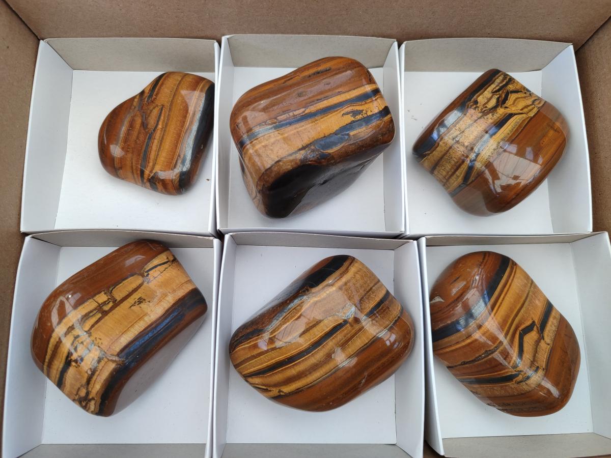 Polished Jumbo Golden Tigers Eye With Banded Iron Stone Free Forms x 6 From Prieska, South Africa