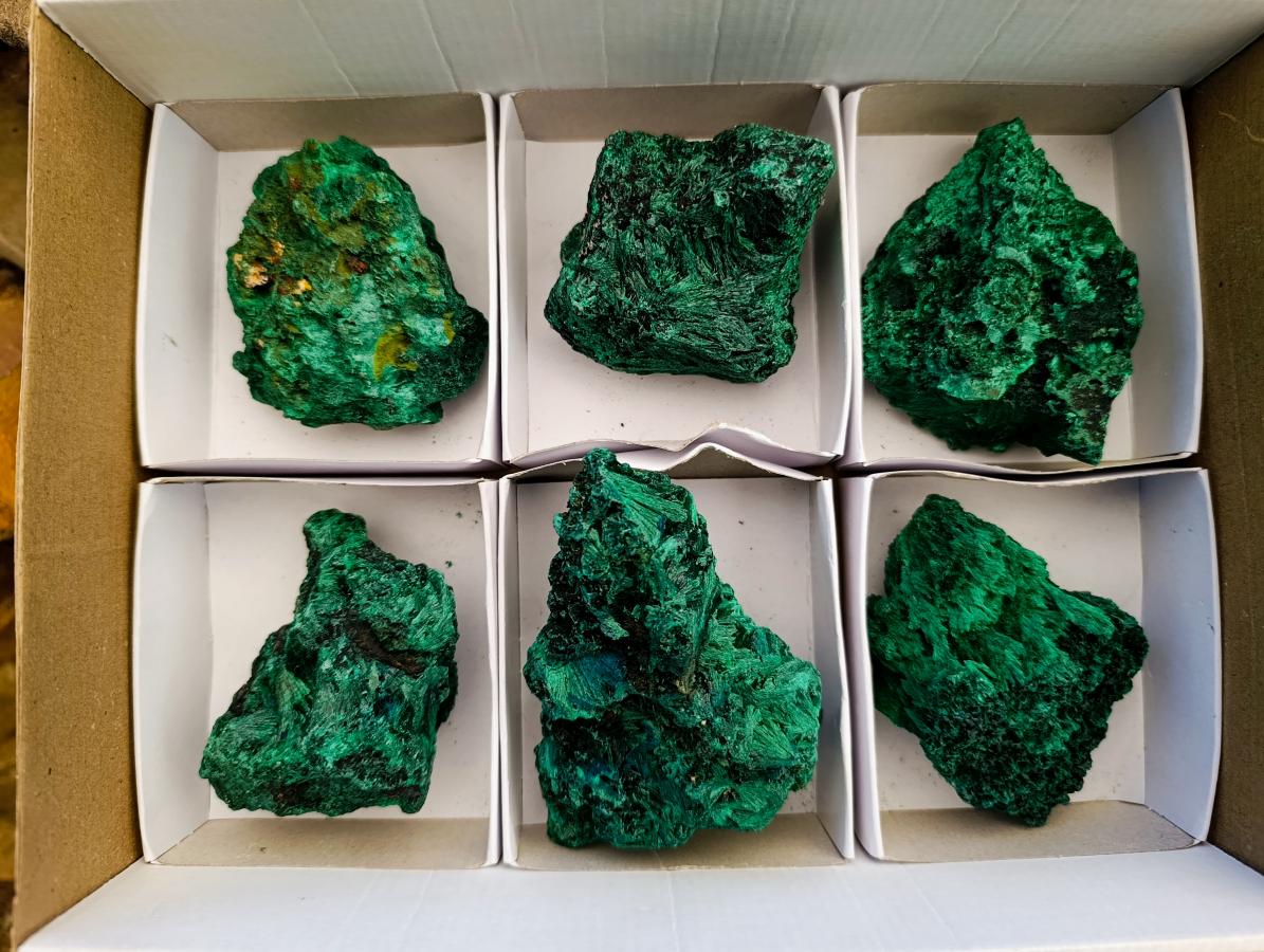 Natural Silky Malachite Specimens x 6 From Kasompe, Congo