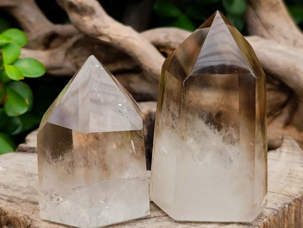 Polished Wispy Smokey Window Quartz Crystals x 7 From Anzojorabe, Madagascar