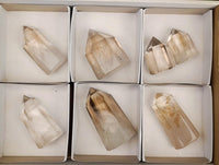 Polished Wispy Smokey Window Quartz Crystals x 7 From Anzojorabe, Madagascar