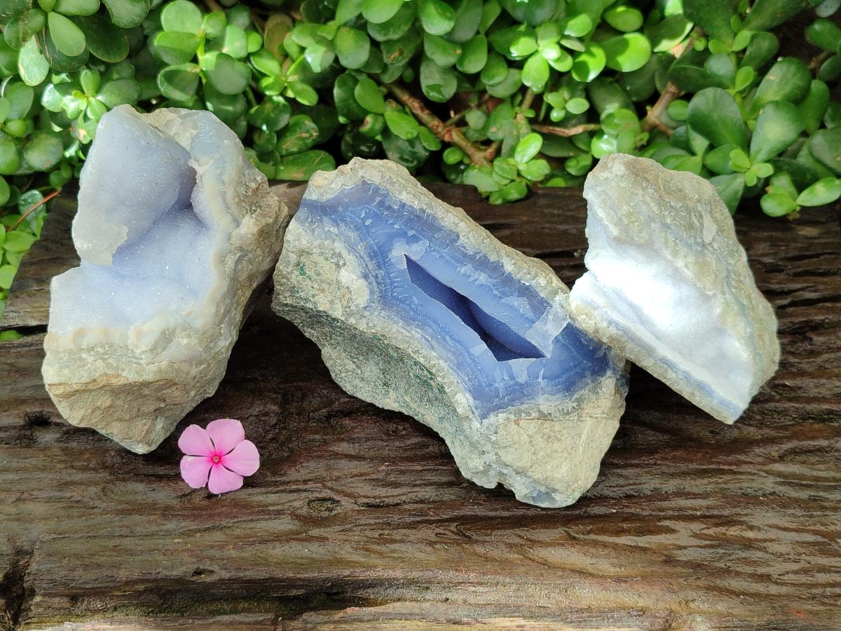 Natural Blue Lace Agate Geode and Vug Specimens x 3 From Nsanje, Malawi