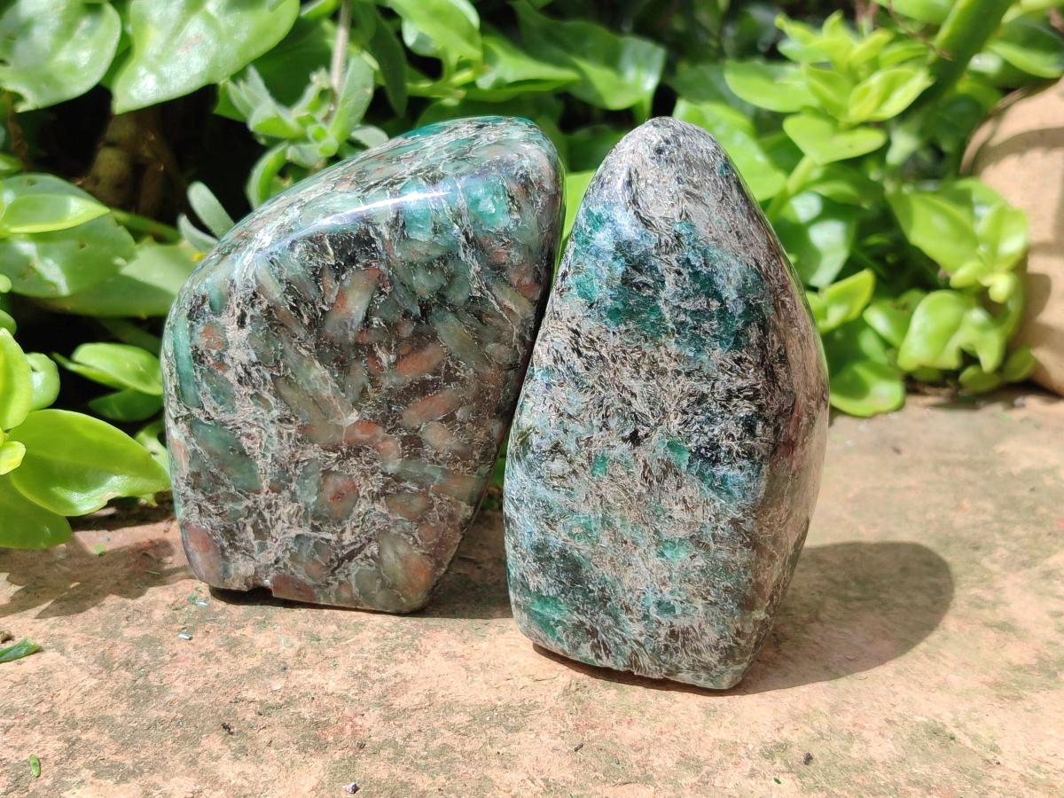 Polished Emerald Mica 'Mutokolite' Standing Free Forms x 3 From Mutoko, Zimbabwe