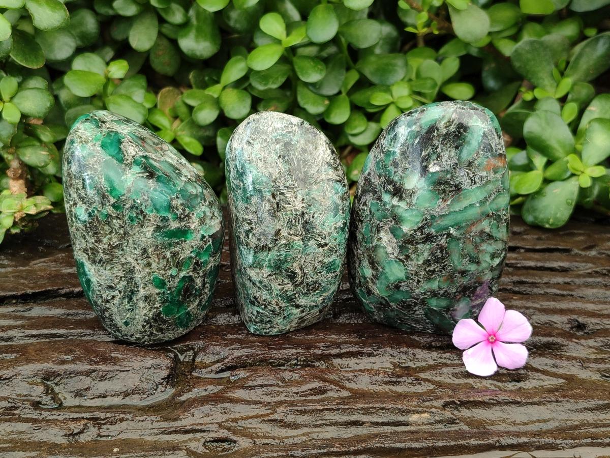 Polished Emerald Mica 'Mutokolite' Standing Free Forms x 3 From Mutoko, Zimbabwe