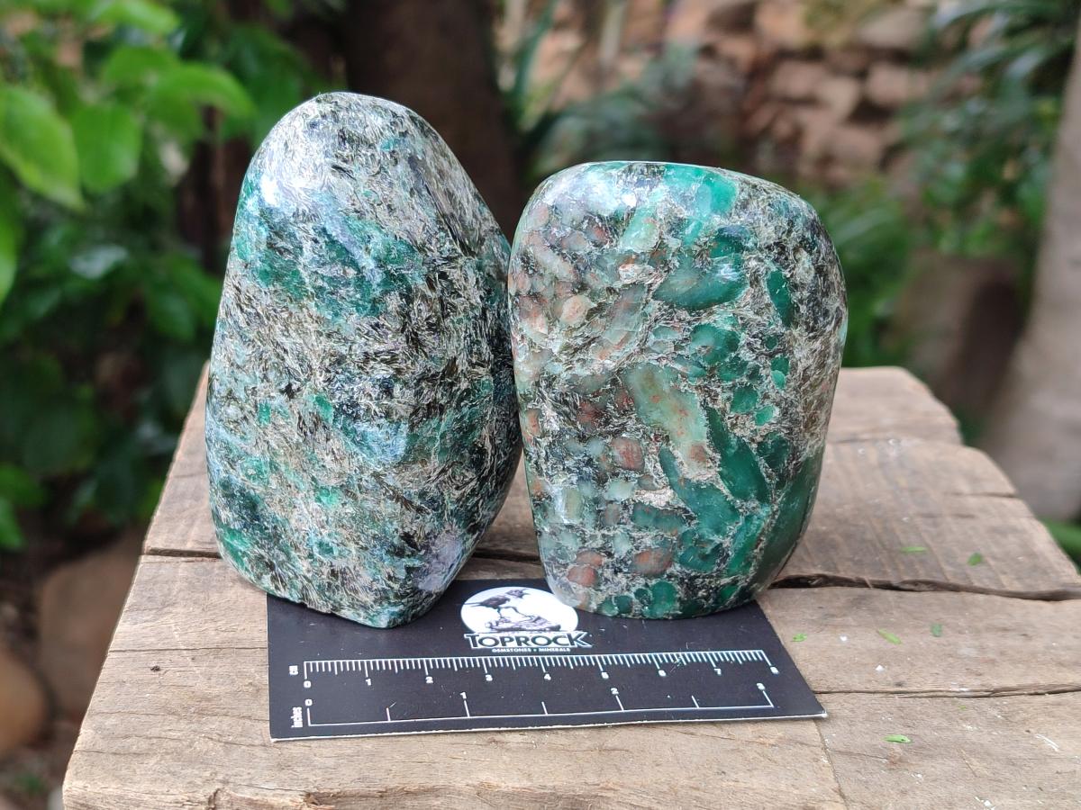Polished Emerald Mica 'Mutokolite' Standing Free Forms x 3 From Mutoko, Zimbabwe
