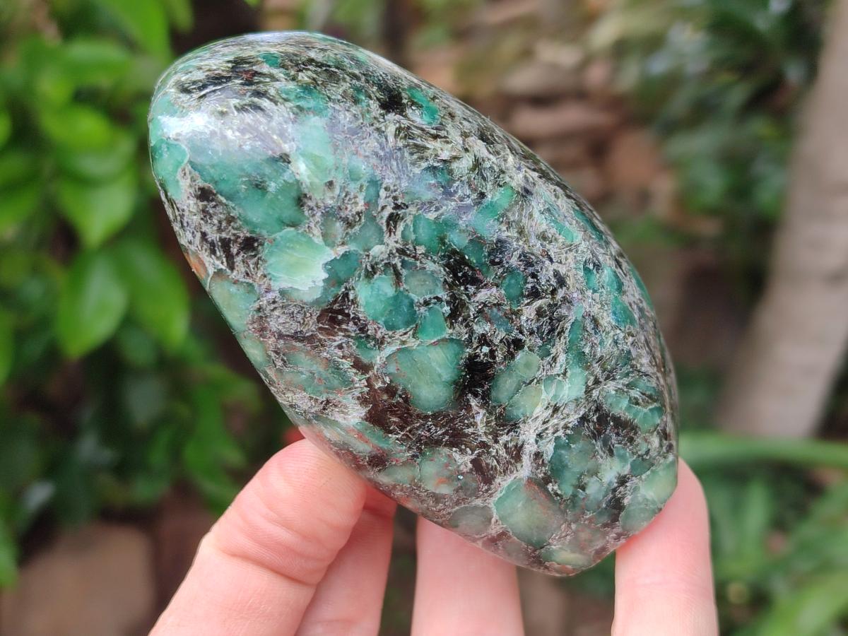 Polished Emerald Mica 'Mutokolite' Standing Free Forms x 3 From Mutoko, Zimbabwe