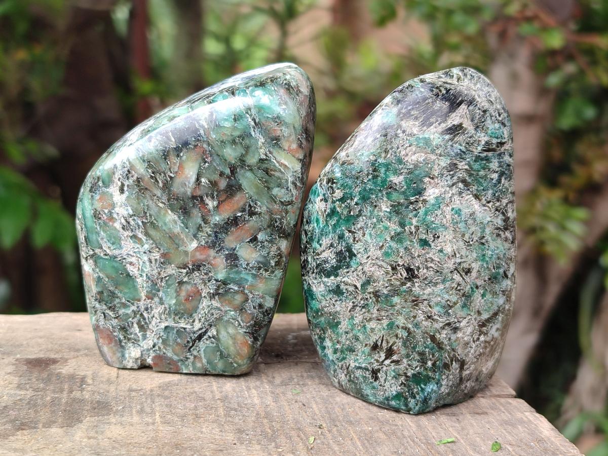Polished Emerald Mica 'Mutokolite' Standing Free Forms x 3 From Mutoko, Zimbabwe