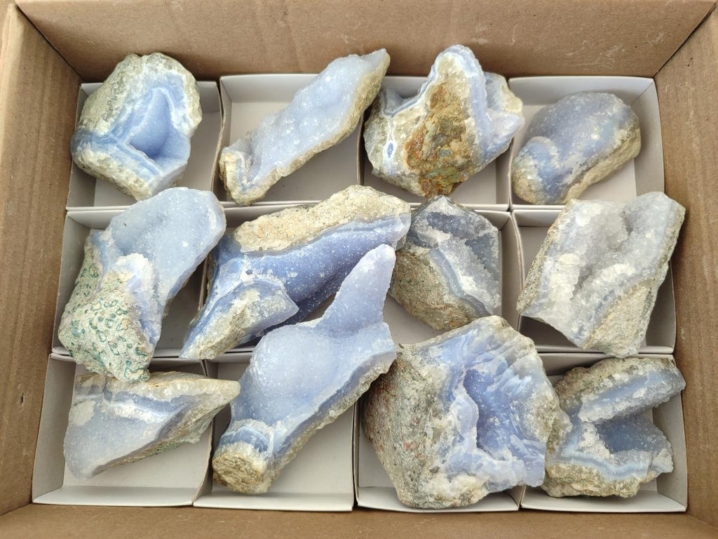 Natural Blue Lace Agate Geode Specimens x 12 From Nsanje, Malawi