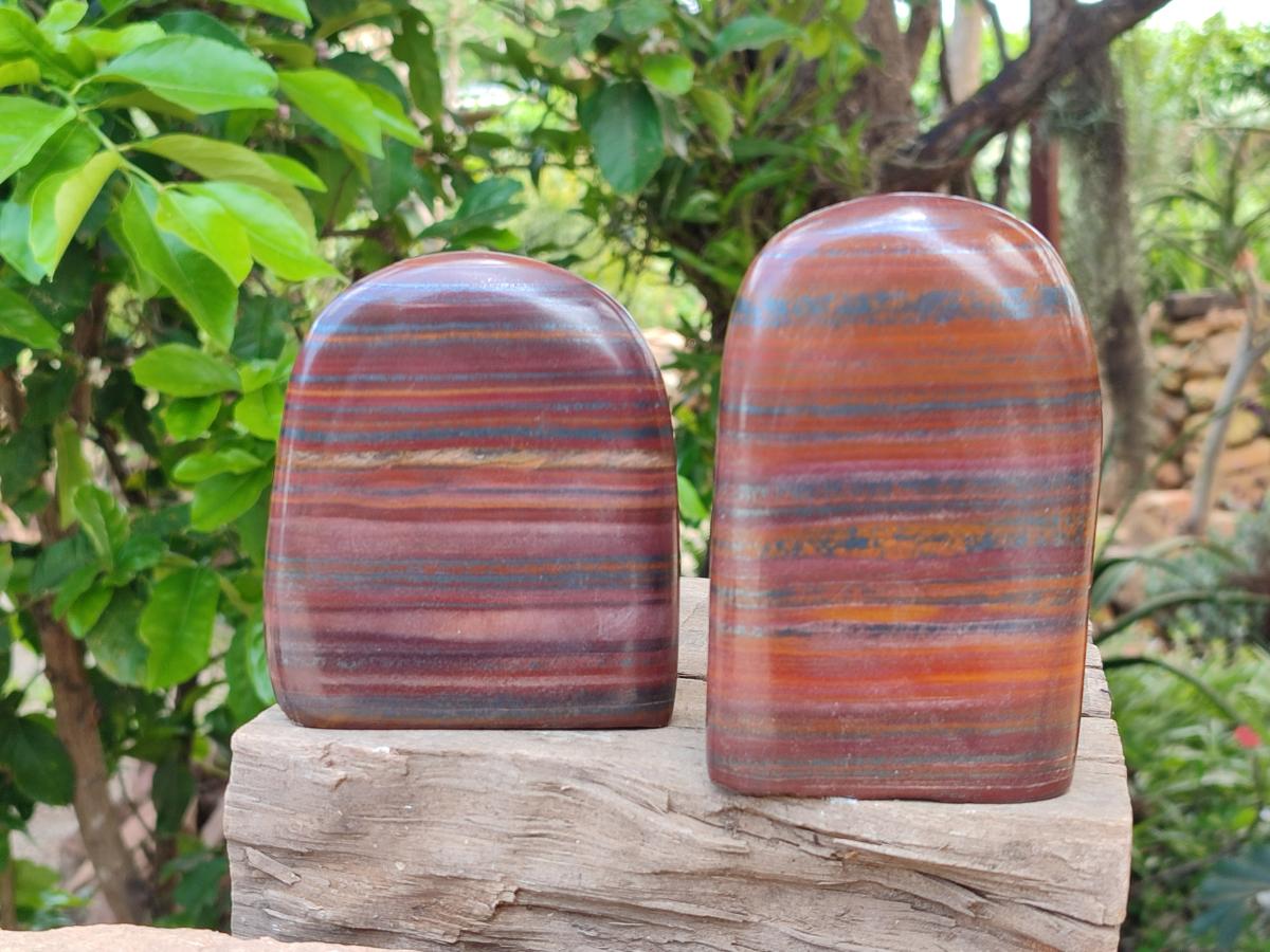 Polished Banded Tiger Iron Standing Free Forms x 3 From South Africa