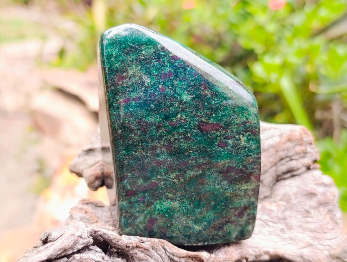 Polished Ruby Corundum In Chrome Verdite Standing Free Forms x 3 From Mutoko, Zimbabwe