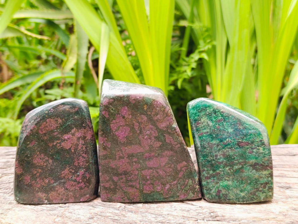 Polished Ruby Corundum In Chrome Verdite Standing Free Forms x 3 From Mutoko, Zimbabwe