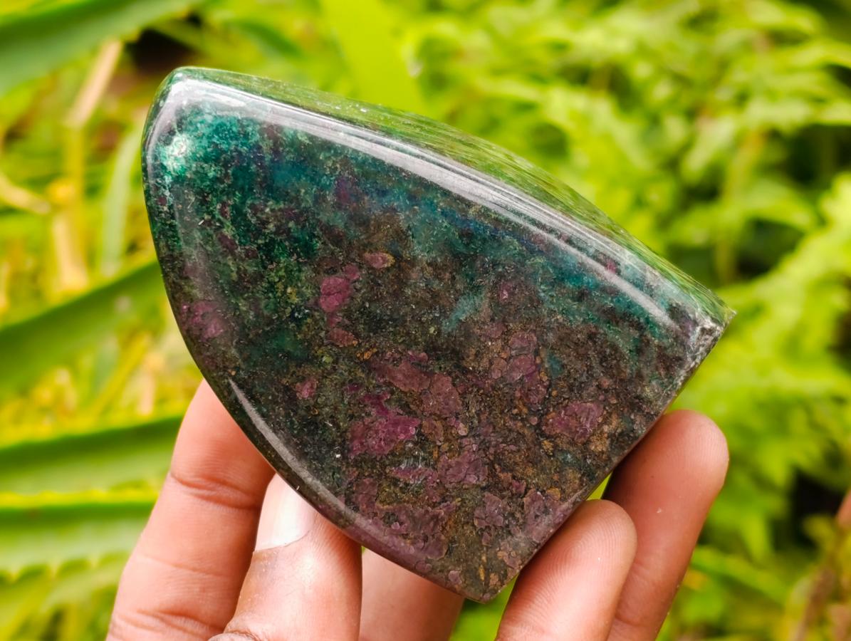 Polished Ruby Corundum In Chrome Verdite Standing Free Forms x 3 From Mutoko, Zimbabwe