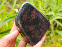 Polished Ruby Corundum In Chrome Verdite Standing Free Forms x 3 From Mutoko, Zimbabwe
