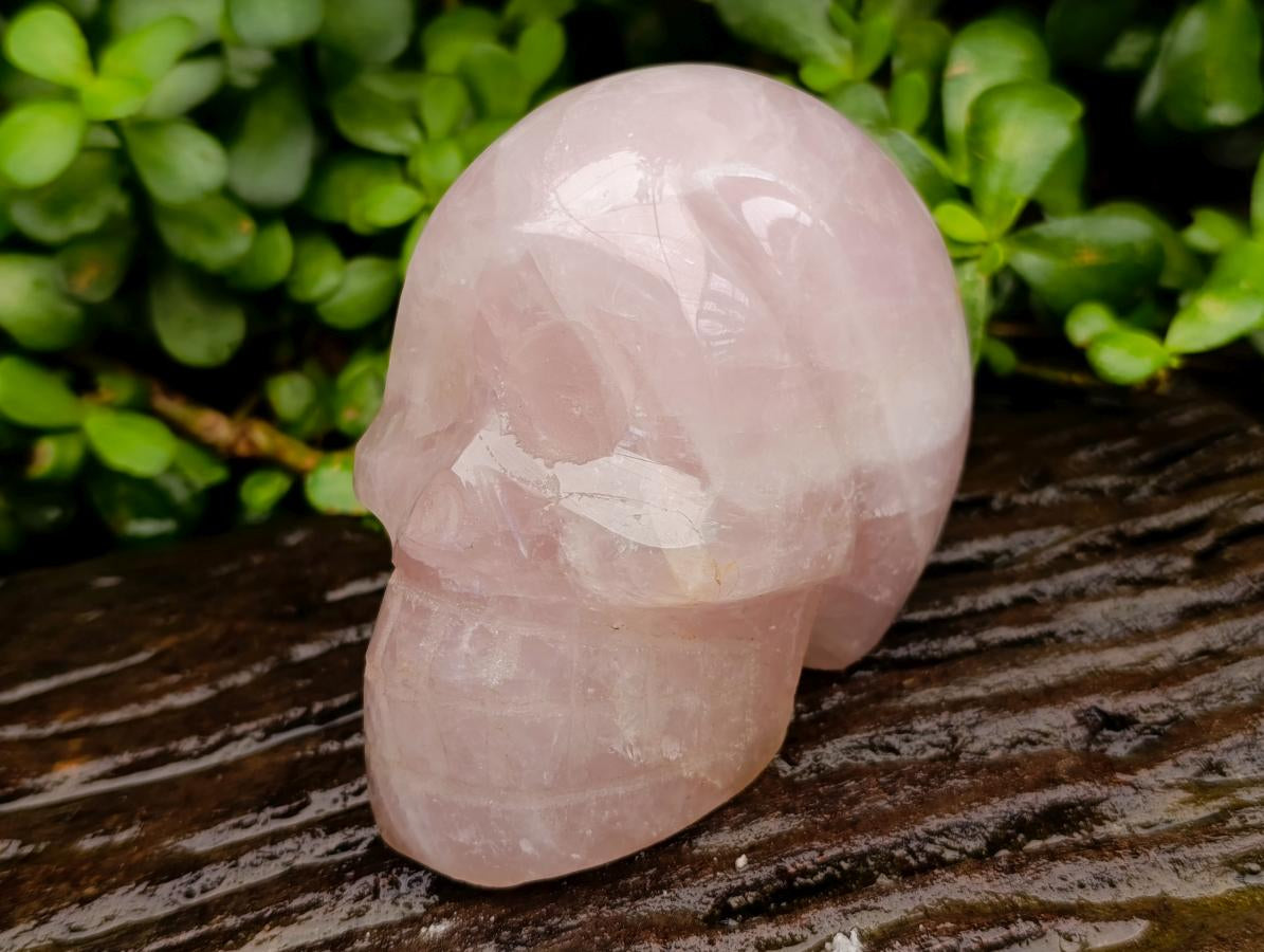 Hand Made Gemmy Rose Quartz Skull Carvings x 2 From Madagascar