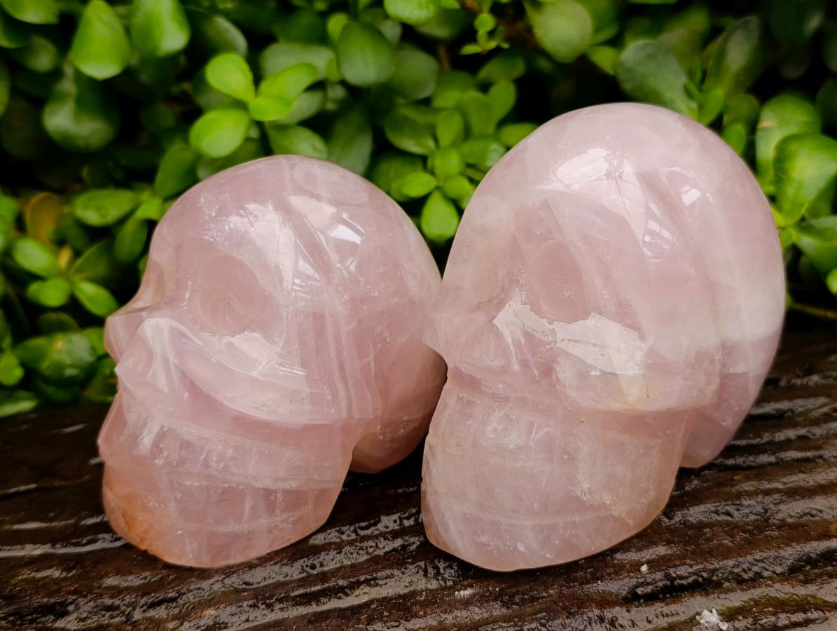 Hand Made Gemmy Rose Quartz Skull Carvings x 2 From Madagascar