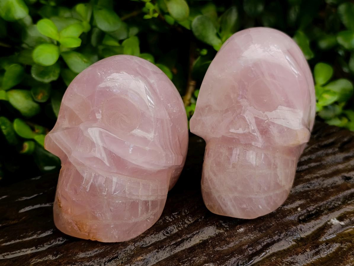 Hand Made Gemmy Rose Quartz Skull Carvings x 2 From Madagascar