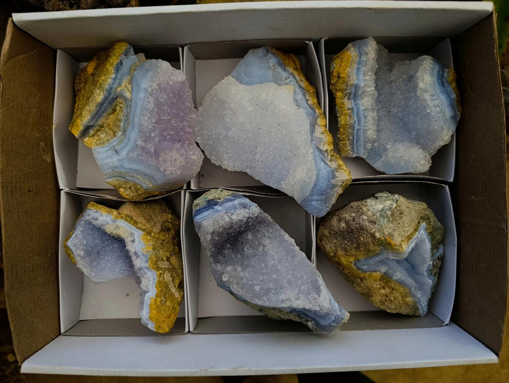 Natural Blue Lace Agate Geode Specimens x 6 From Nsanje, Malawi